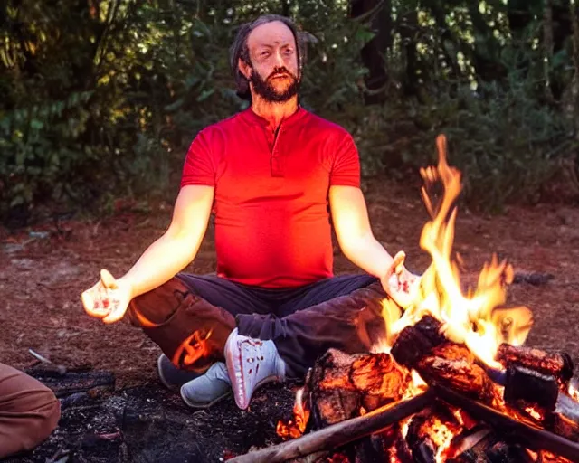 Image similar to mr robert smoke weed and meditate near the campfire in the garden, he has dark grey hairs, detailed glad face, muscular chest, pregnant belly, golden hour closeup photo, red elegant shirt, eyes wide open, ymmm and that smell