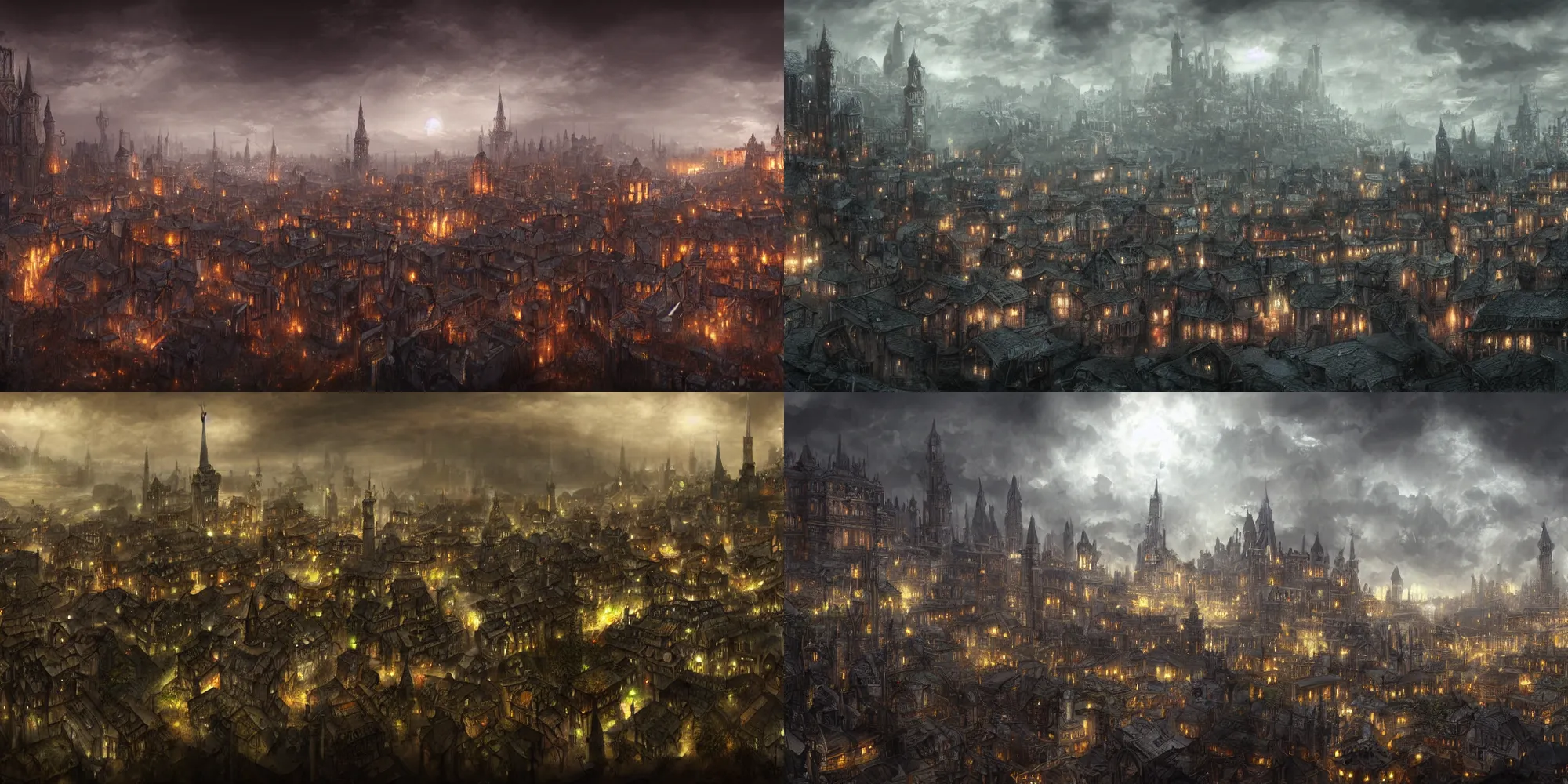 Prompt: panoramic view of a medieval fantasy city, dark, gloom, digital art, highly detailed, videogame background,