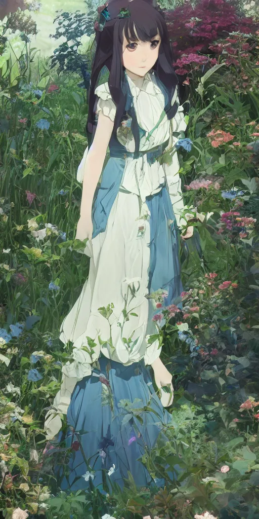 Image similar to a loli with long hair in a dress in the privet garden at after noon, green and warm theme, blue accents, low angle, back lighting, highly detailed, 4 k resolution, trending on art station, by krenz cushart and mucha and akihito yoshida and greg rutkowski and makoto shinkai
