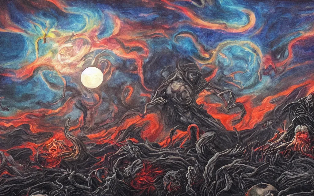 Prompt: black dead sun howling nightmare mythos dread sun of the void above the tomb wastes, award winning oil painting, dream mythos color palette