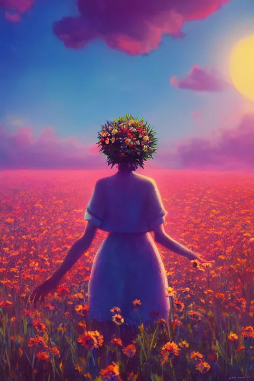 Image similar to closeup, huge flower head, girl standing in a field of flowers, surreal photography, sunrise, blue sky, dramatic light, impressionist painting, digital painting, artstation, simon stalenhag