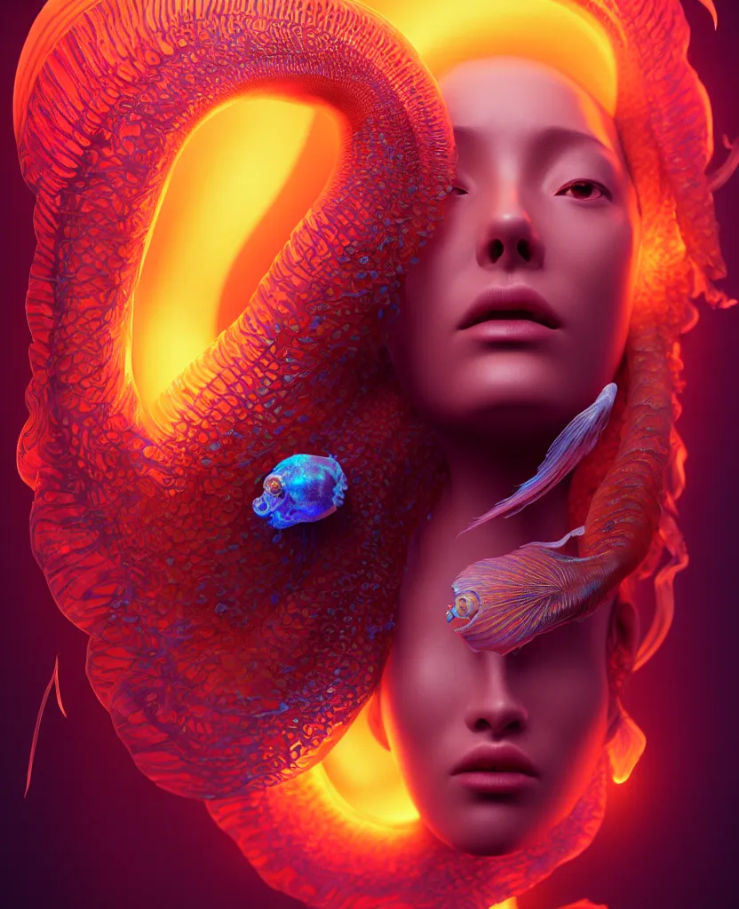 Image similar to goddess close-up portrait. jellyfish phoenix head, nautilus, orchid, skull, betta fish, bioluminiscent creatures, intricate artwork by Tooth Wu and wlop and beeple. octane render, trending on artstation, greg rutkowski very coherent symmetrical artwork. cinematic, hyper realism, high detail, octane render, 8k