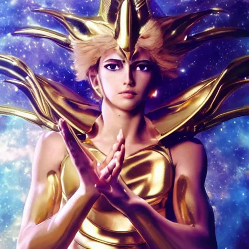 Prompt: a beautiful photographic shot of saga gold saint of gemini, saint seiya, beautiful natural light failling on her face, by annie leibowitz