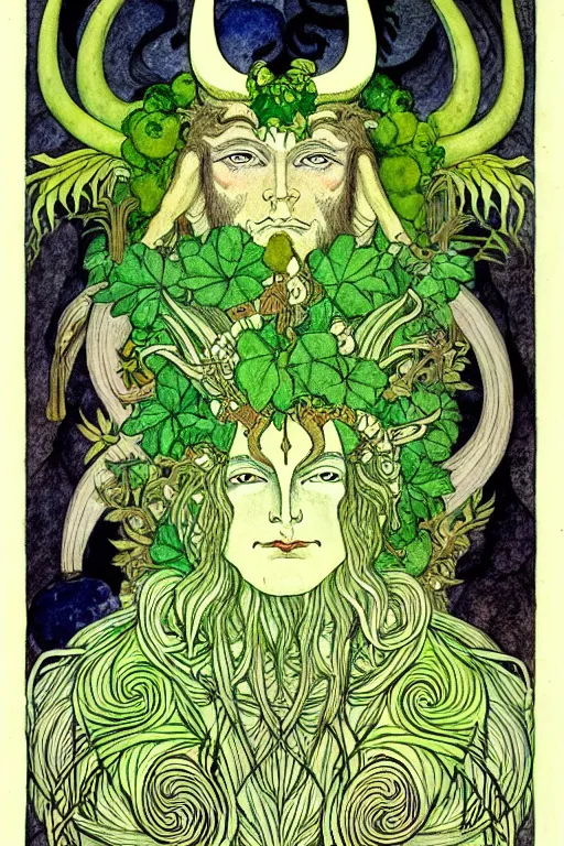 Image similar to god corunnus, horned god, green man, realistic face of horned man in a frame of foliage, detailed art by kay nielsen and walter crane, illustration style, watercolor