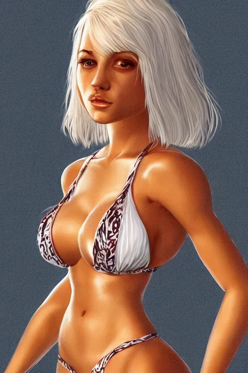 Prompt: full body portrait of a gorgeous petite teenager with platinum blonde hair wearing a micro bikini, hyper realistic, illustration, trending on artstation, HD, 4k, 8k, intricate detailed anatomy, character design, by james gurney