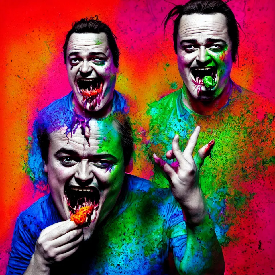 Image similar to bright psychedelic mike patton eating rotten flesh, smiling and puking, diffuse lighting, fantasy, intricate, elegant, highly detailed, lifelike, photorealistic, digital painting, artstation, illustration, concept art, smooth, sharp focus, art by francis bacon