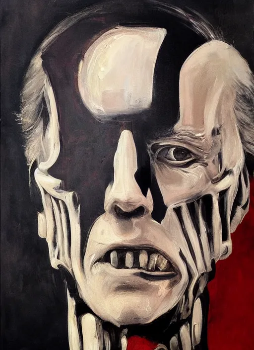 Prompt: joe biden skeleton, deep face features, scary, painting by phil hale, fransico goya,'action lines '!!!, graphic style, visible brushstrokes, motion blur, blurry, visible paint texture, crisp hd image