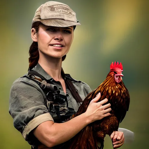 Image similar to A realistic image of a very sas woman holding a rooster in her hands, ultra high detail, 8k.