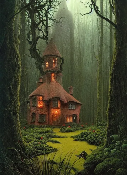 Image similar to hyper realistic witch cottage rococo in the woods gorgeous lighting, highly detailed, lush forest painting by zdzisław beksinski and norman rockwell and greg rutkowskiweta studio, and lucasfilm