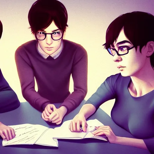 Image similar to realistic portrait of three male and one female characters look intensely at a terrified female author looking at some written notes, aesthetic!, trending on artstation, detailed digital art,