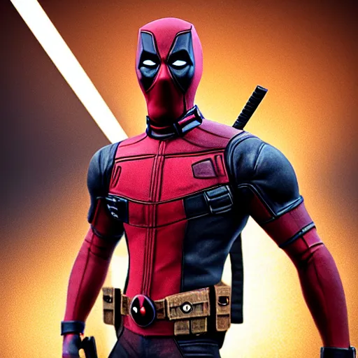 Image similar to full body pose, hyperrealistic photograph of deadpool, dim volumetric lighting, 8 k, octane beautifully detailed render, extremely hyper detailed, intricate, epic composition, cinematic lighting, masterpiece, trending on artstation, very very detailed, stunning, hdr, smooth, sharp focus, high resolution, award, winning photo, dslr, 5 0 mm