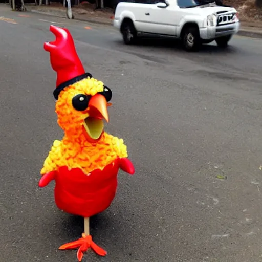 Image similar to chicken dressed as an inmate