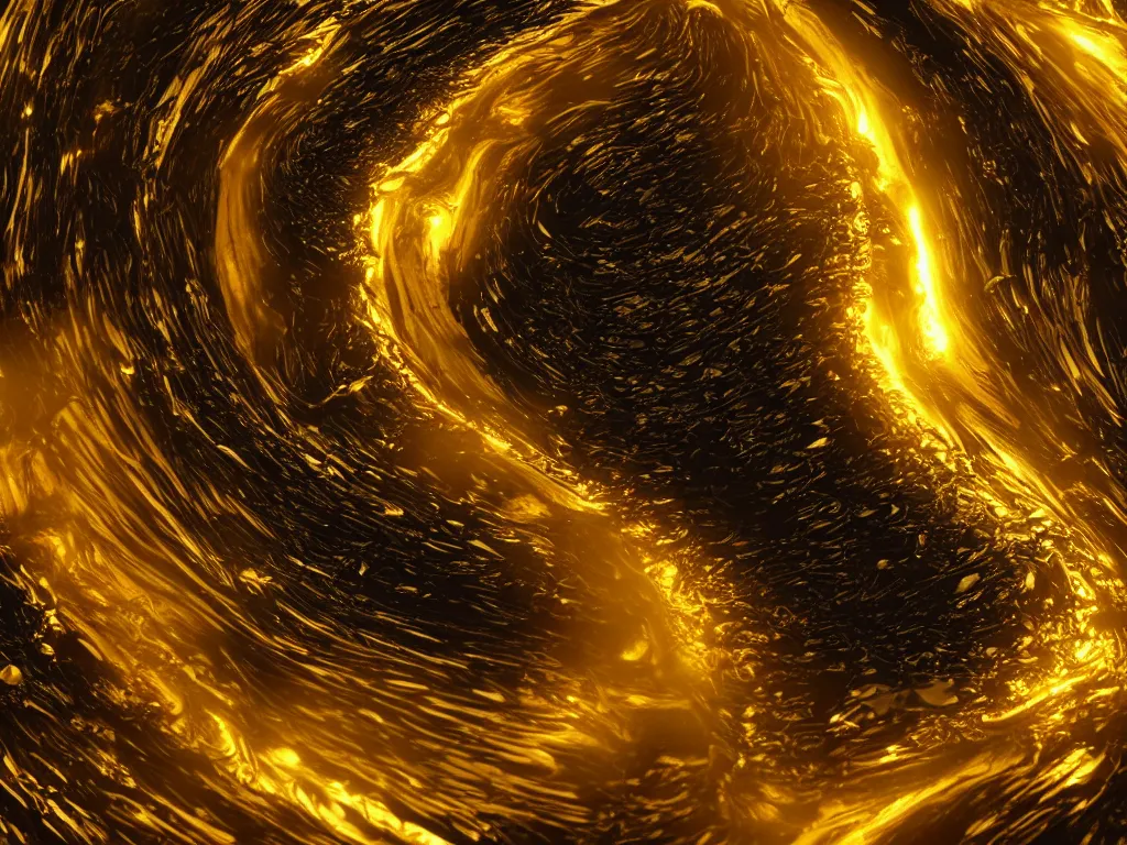 Image similar to fluid gold swirling into a black whole, wide angle perspective, 8 k, unreal engine 5, 3 d animation, big depth of field