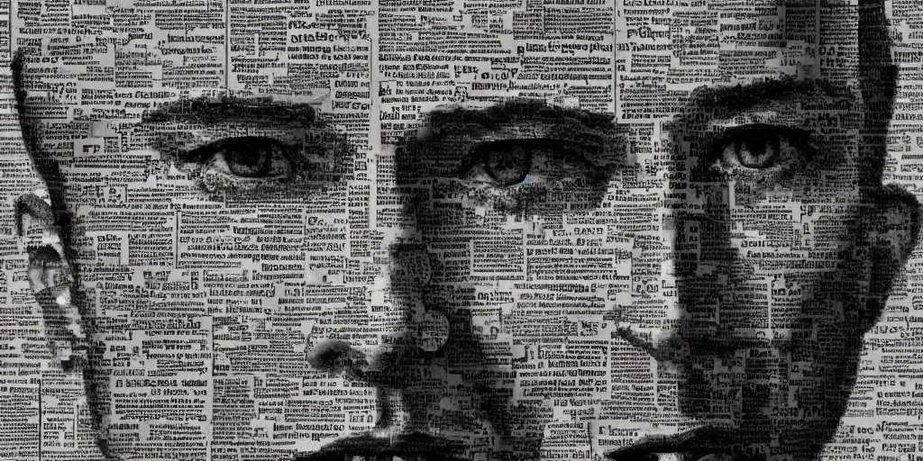 Image similar to Intricate detailed illustration, A portrait of a face constructed from newspaper clippings, cinematic lighting, by Philip Hood, wide angle, volumetric light scattering, 8k, artstation, concept art,