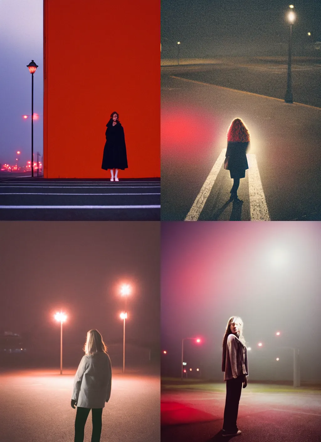 Prompt: photograph of a woman from the back standing in an empty parking lot at night illuminated by red light post by mark owen. thick fog. pastel colors. kodak portra film!!. whirl bokeh!. mamiya 7. highly detailed. hq. photoreal. golden hour. lens flare. faded film.