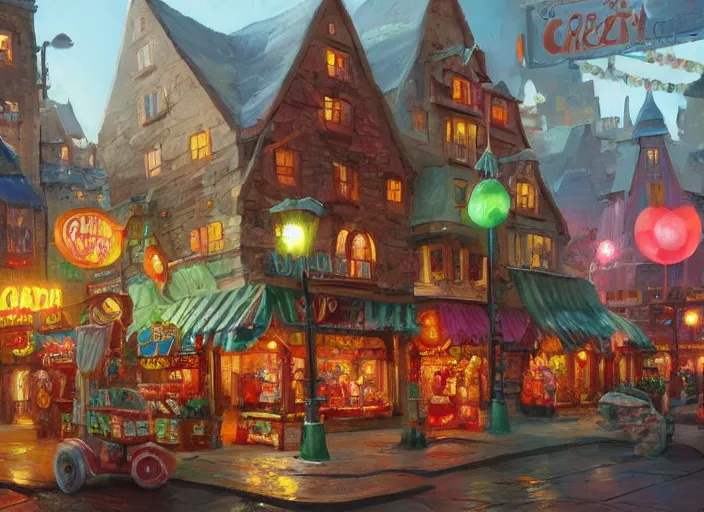 Image similar to candy city for a game candy themed, oil painting by jama jurabaev, extremely detailed, brush hard, artstation, for aaa game, high quality, brush stroke