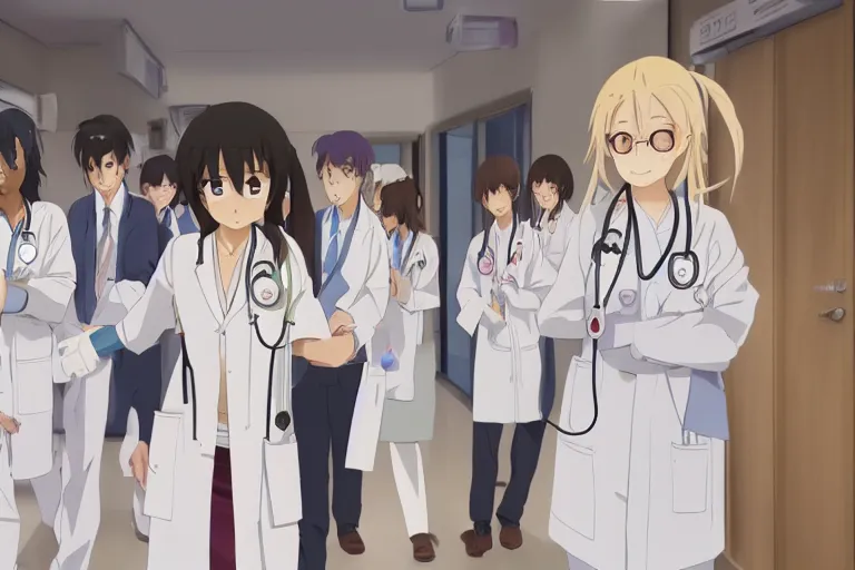 Image similar to a cute young female doctor wearing white coat are leading a group of doctors around a bed in hospital, slice of life anime, cinematic, lighting, 8kHDR, anime scenery by Makoto shinkai