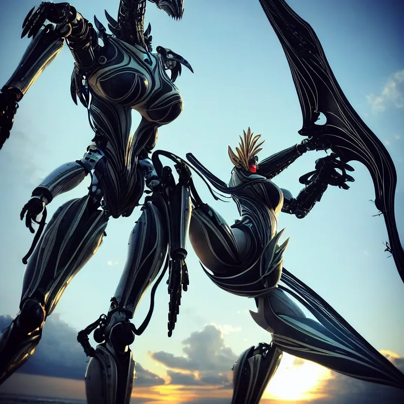 Image similar to looking up at a highly detailed 300 foot tall giant exquisite beautiful stunning valkyr female warframe, as an anthropomorphic robot dragon, posing elegantly over your tiny form, detailed legs looming over you, camera on the ground, at the beach on a sunset, sleek streamlined design, streamlined matte black armor, sharp detailed claws, detailed sharp robot dragon feet, worms eye view, giantess shot, upward shot, ground view shot, leg shot, front shot, epic cinematic shot, high quality warframe fanart, captura, realistic, professional digital art, high end digital art, furry art, giantess art, anthro art, DeviantArt, artstation, Furaffinity, 8k HD render, epic lighting