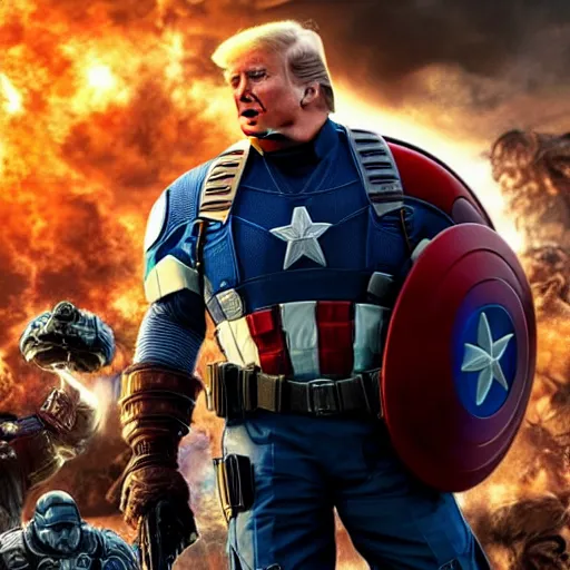 Image similar to Portrait! of President Donald Trump as ((captain america)) in Gears of War, splash art, movie still, cinematic lighting, dramatic, octane render, long lens, shallow depth of field, bokeh, anamorphic lens flare, 8k, hyper detailed, 35mm film grain