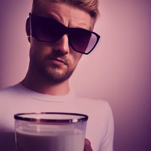 Prompt: a beautiful portrait of a bloke lost in his thoughts, wearing a pair of futuristic sunglasses, contemplating the beauty of a jug of milk he's holding, photography, volumetric lighting, 8 k