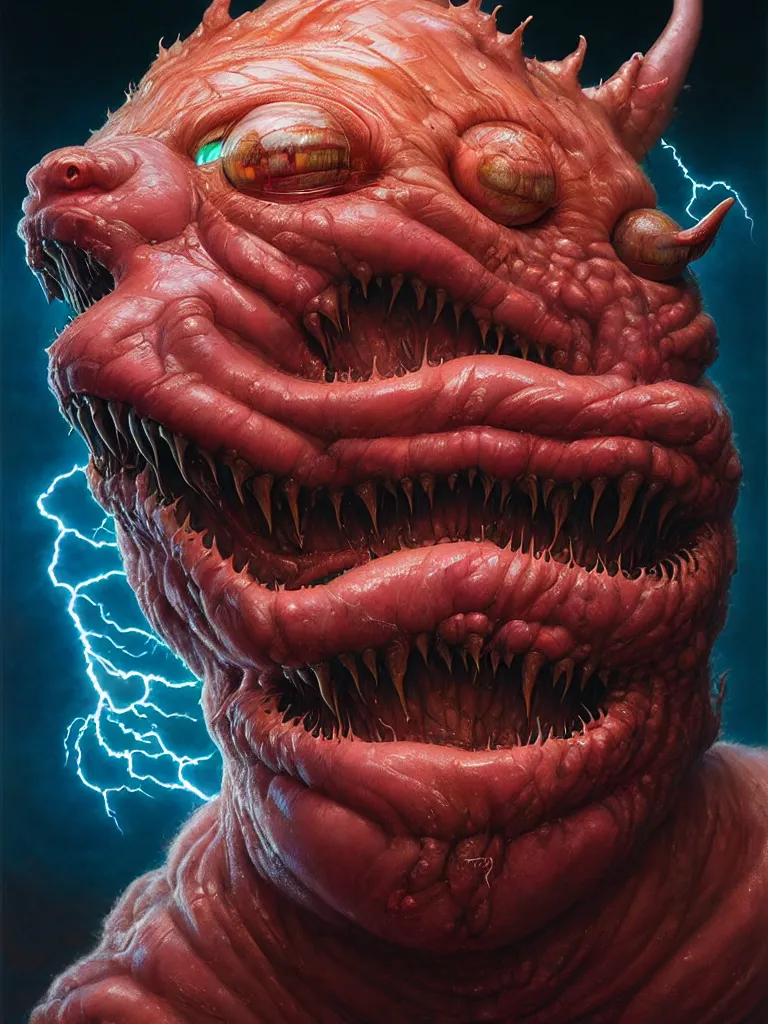 Prompt: hyperrealistic rendering, fat smooth cronenberg flesh monster d & d displacer beast face by donato giancola and greg rutkowski and wayne barlow and zdzisław beksinski, eyeballs, lightning, magic runes, product photography, action figure, sofubi, studio lighting, colored gels, colored background