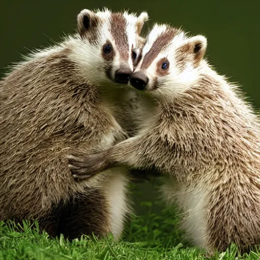 Image similar to two badgers hugging, digital photography, HD