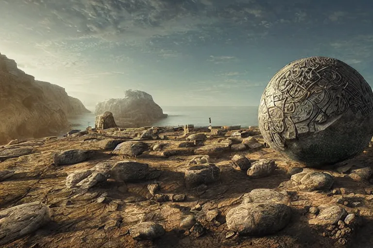 Image similar to old photograph of a gigantic paleolothic sphere made of stone with highly detailed carvings of intricate shamanic robotic electronics and circuits, in a mediterranean lanscape, inside a valley overlooking the sea, by michal karcz, mediterranean island scenery, mediterranean vista