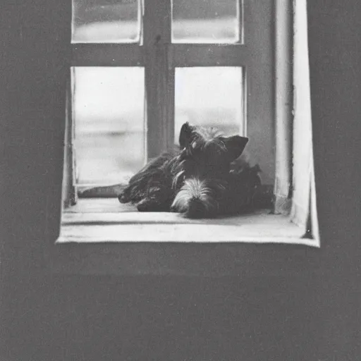 Prompt: a photograph of an old yorkish terrier sleeping on a couch below a window