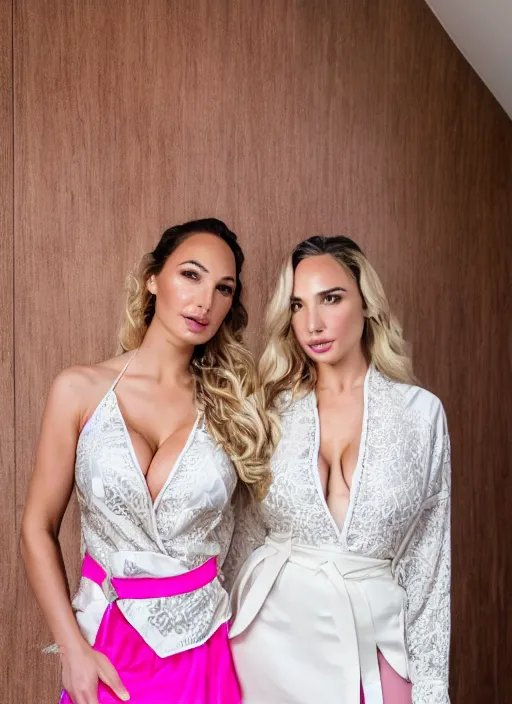 Image similar to portrait of lindsey pelas and gal gadot wearing white kebaya with batik skirt and pink silk belt, by charlotte grimm, natural light, detailed face, beautiful features, symmetrical, canon eos c 3 0 0, ƒ 1. 8, 3 5 mm, 8 k, medium - format print, half body shot