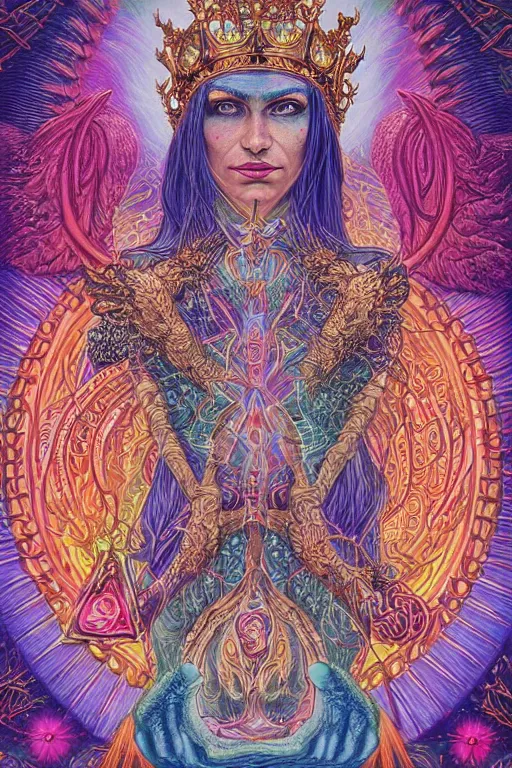 Prompt: beautiful tarot card of the queen of dreams by alex grey and dan mumford and carol bak, oil on canvas, intricate, border, symmetrical, portrait, 8k highly professionally detailed, HDR, CGsociety
