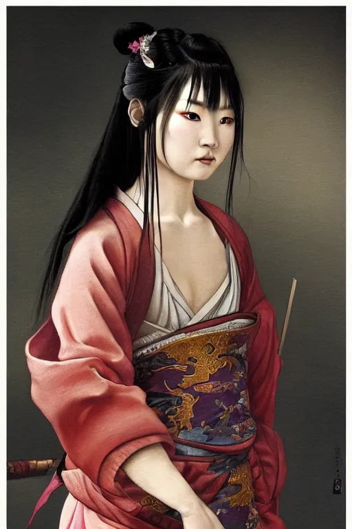 Prompt: breathtaking detailed soft painting of a young sexy japanese warrior girl in silk, with long black hair and piercing eyes, takedera temple at twilight, symmetrical!! realistic features, rembrandt style, elegant, highly detailed, artstation, concept art, sharp focus, art by artgerm, kilian eng, and greg rutkowski
