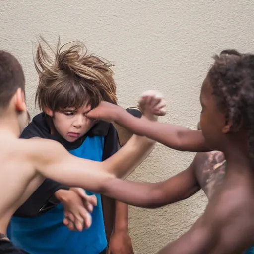 Prompt: a woman fighting three 5 year old kids and beating them up, photo, 8k