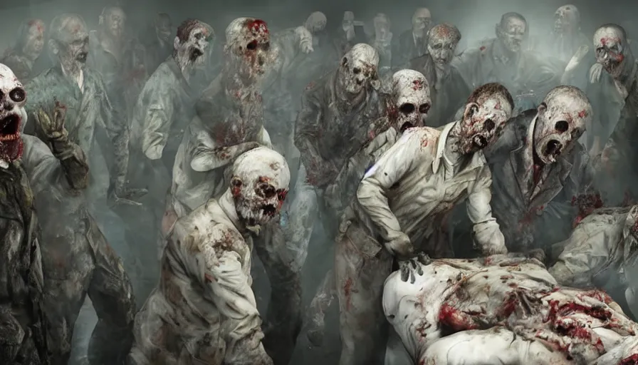 Image similar to zombies working in a morgue. trending on artstation. realistic cinematography