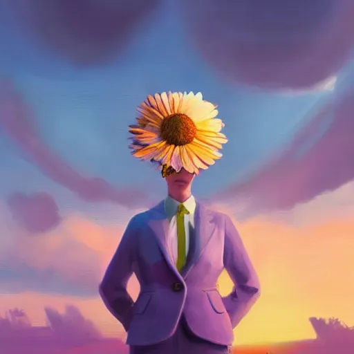 Image similar to giant daisy flower as a head, frontal, girl in a suit, surreal photography, sunrise, dramatic light, impressionist painting, digital painting, artstation, simon stalenhag