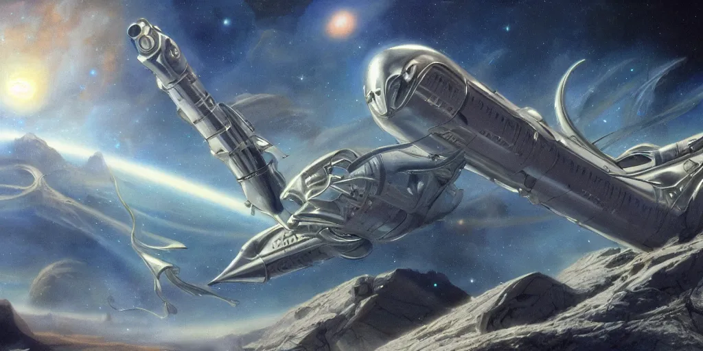 Image similar to A highly detailed retro Sci-Fi concept art matte painting set in space by Boris Vallejo of an intricate sleek silver space craft flying over an alien landscape and outposts , trending on Artstation ,HD 4K , 70s retro sci-fi