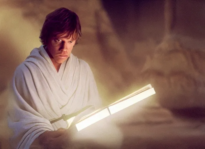 Prompt: detailed photo of Luke skywalker uncovering the glowing book of ancient jedi texts. a hazy ethereal ancient temple, screenshot from the 1983 film, Photographed with Leica Summilux-M 24 mm lens, ISO 100, f/8, Portra 400, kodak film, anamorphic lenses