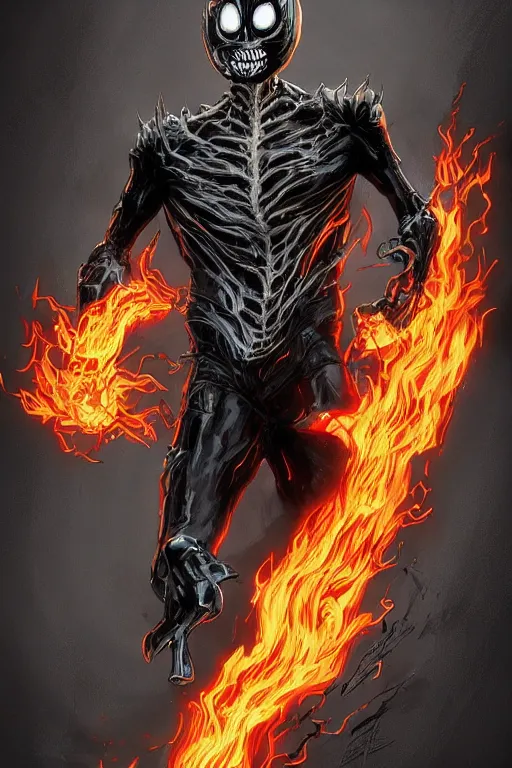 Image similar to ghost rider symbiote, comic strip style, dynamic lighting, fantasy concept art, trending on art station, stunning visuals, creative, cinematic, portrait, ultra detailed