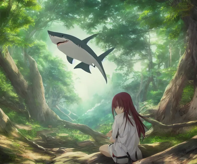 Prompt: shark in a forest, anime fantasy illustration by tomoyuki yamasaki, kyoto studio, madhouse, ufotable, comixwave films, trending on artstation