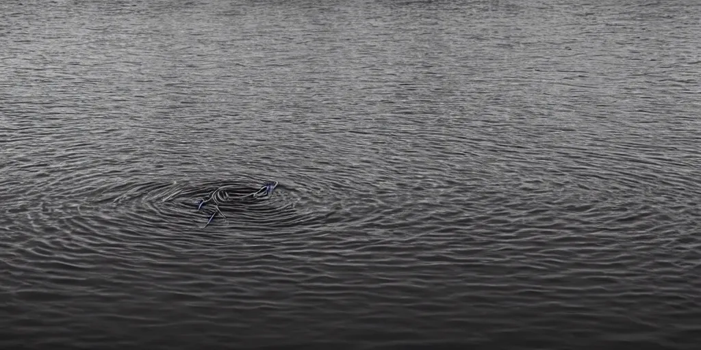 Image similar to centered photograph of a long rope zig zagging across the surface of the water, floating submerged rope stretching out towards the center of the lake, a dark lake on a cloudy day, color film, trees in the background, hyperedetailed photo, moody volumetric, anamorphic lens