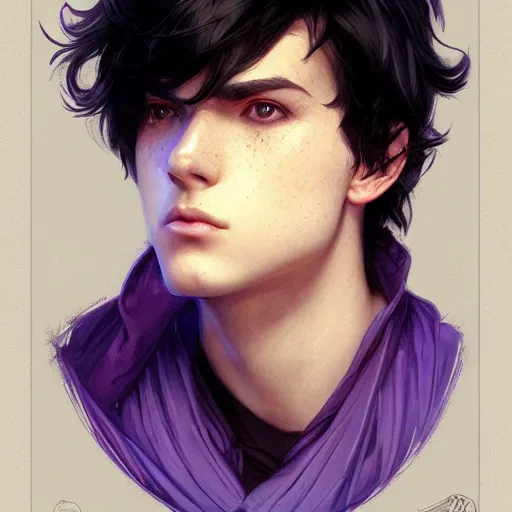 Prompt: teen boy, black hair, purple eyes, highly detailed, artstation, georgeus, elegant, portrait, by artgerm and greg rutkowski and alphonse mucha