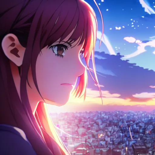 Image similar to emma watson in heavens feel movie, tokyo, ufotable, kyoani, high quality, key visual, cinematic, city background, night time, rooftop, fate stay night, unlimited blade works, greg rutkowski, high resolution, dynamic pose, extreme close up, street clothes, anime, high budget