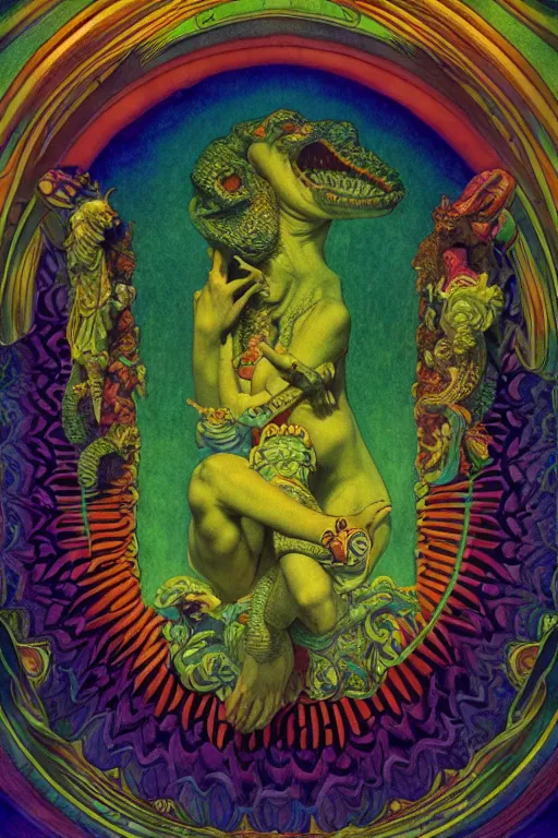 Image similar to beautiful crocodile headed god by maxfield parrish, mandala, coherent design, symmetrical, vivid colors, digital watercolor ink illustration painting, complementary color, golden ratio, detailed, sharp lines, sharp focus, intricate, rainbowshift, artgerm, gustave dore, alphonse mucha, octane render