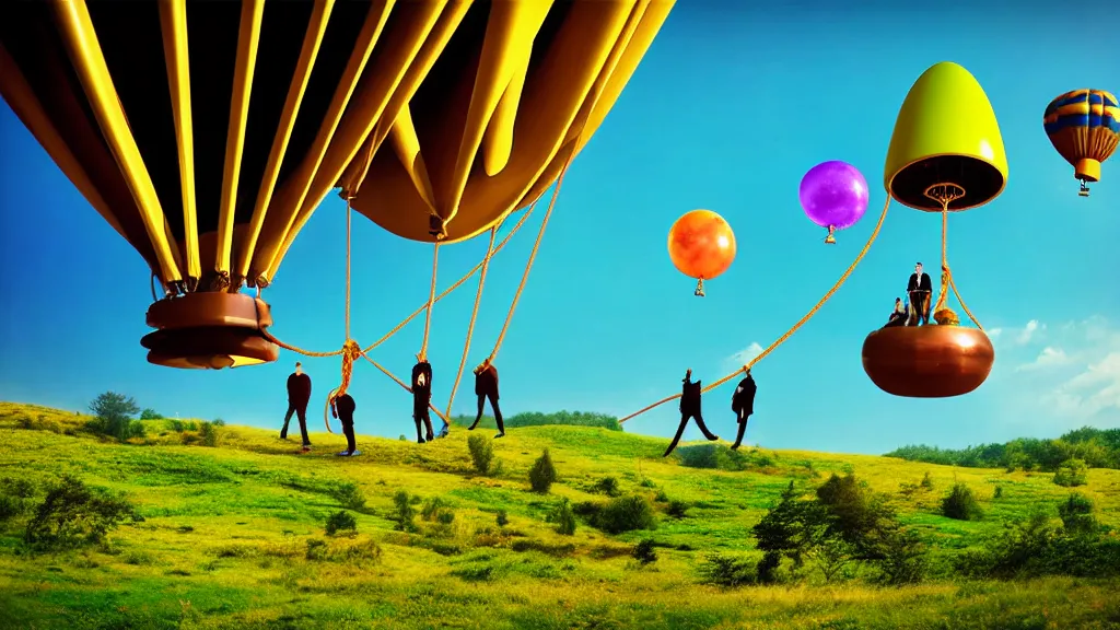 Image similar to large colorful futuristic space age steampunk balloons with people on rope swings underneath, flying high over the beautiful countryside landscape, professional photography, 8 0 mm telephoto lens, realistic, detailed, digital art, unreal engine