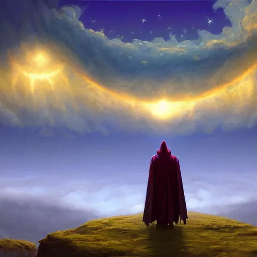 Image similar to a hooded mage walking on the hills while in the air there are clouds stars atmosferic ames eads casper david friedrich raphael lacoste vladimir kush tim white leis royo michael whelan bruce pennington volumetric light effect broad light oil painting painting fantasy art style sci - fi art style realism artwork unreal engine