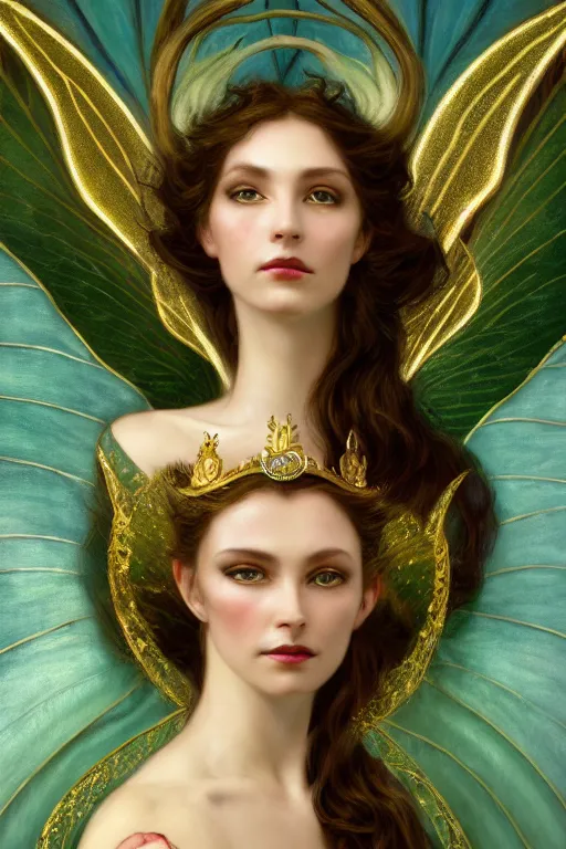 Image similar to a portrait of elegant beautiful queen of the dark fairies, gossamer wings, gold-green eyes, illustration, dramatic lighting, soft details, painting oil on canvas, art nouveau, octane render, HDR, 4k, 8k, HD, by Edmund Blair Leighton, Brom, Charlie Bowater, trending on artstation, faces by Otto Schmit