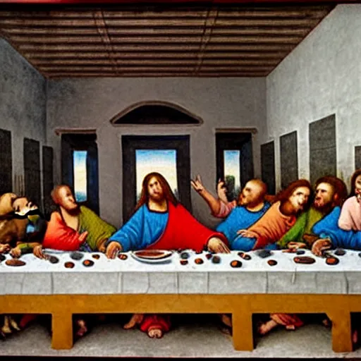 Image similar to on the wall of a gray building, a colorful spray-painted graffiti of The Last Supper by Da Vinci