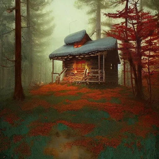 Prompt: a cabin in the woods, smooth, sharp focus, beautifully detailed, vibrant colors, mysterious, matte painting, by esao andrews