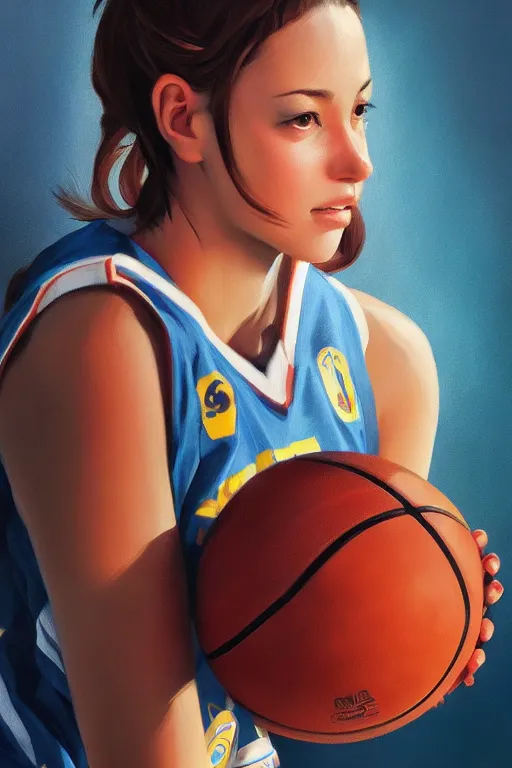 Image similar to A ultradetailed beautiful panting of a stylish girl wearing a basketball jersey, she is holding a basketball, Oil painting, by Ilya Kuvshinov, Greg Rutkowski and Makoto Shinkai