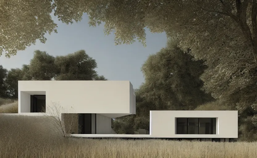 Image similar to a wide angle exterior shot of a white architecture house by peter zumthor painted by greg ruthkowski and craig mullins, cinematic and atmospheric lighting, archviz, archdaily, vray, render