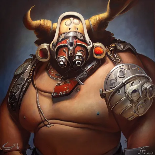 Image similar to detailed portrait of roadhog from overwatch, intricate, hyper detailed, realistic, oil painting, by julie bell, frank frazetta, cinematic lighting